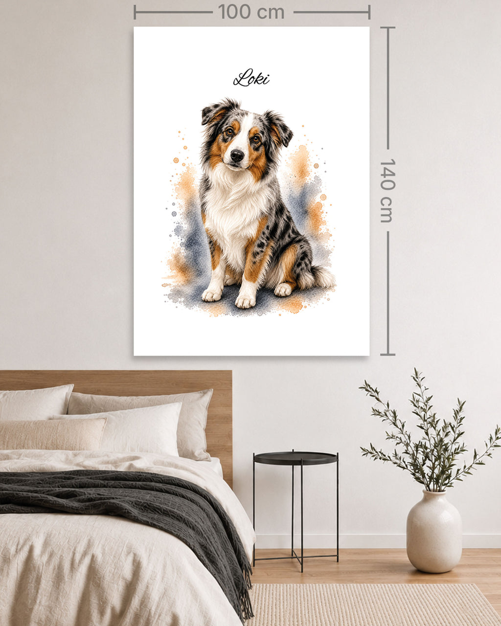 Australien Shepherd Hundeportrait im Aquarell-Stil auf einer 100 × 140 cm Leinwand