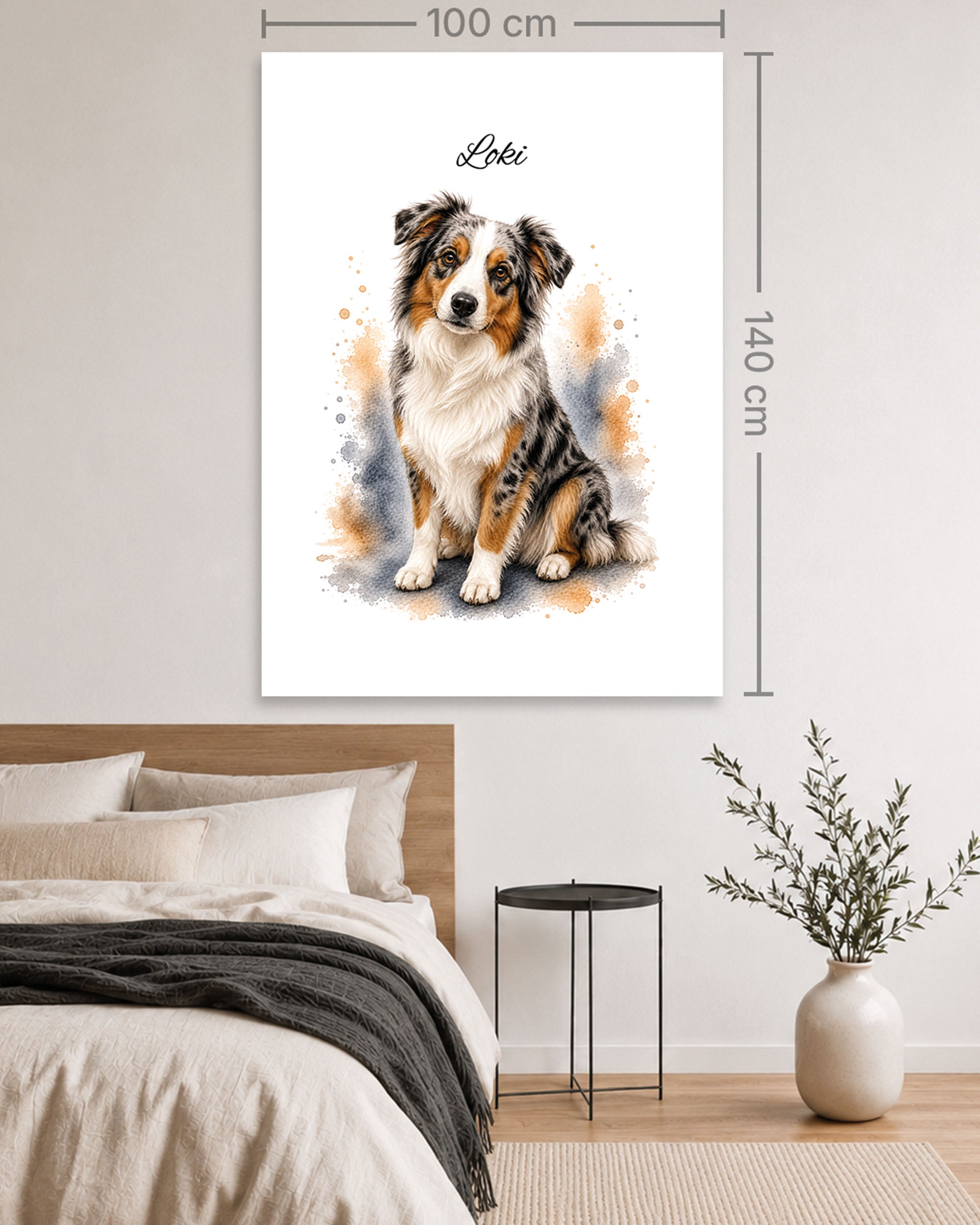 Australien Shepherd Hundeportrait im Aquarell-Stil auf einer 100 × 140 cm Leinwand