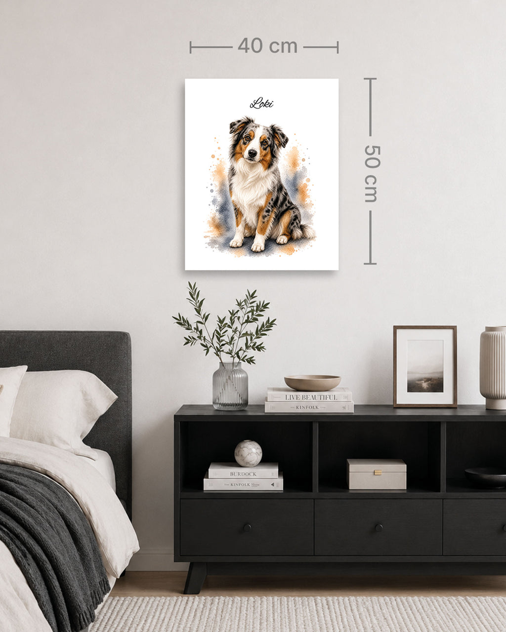Australien Shepherd Hundeportrait im Aquarell-Stil auf einer 40 × 50 cm Leinwand