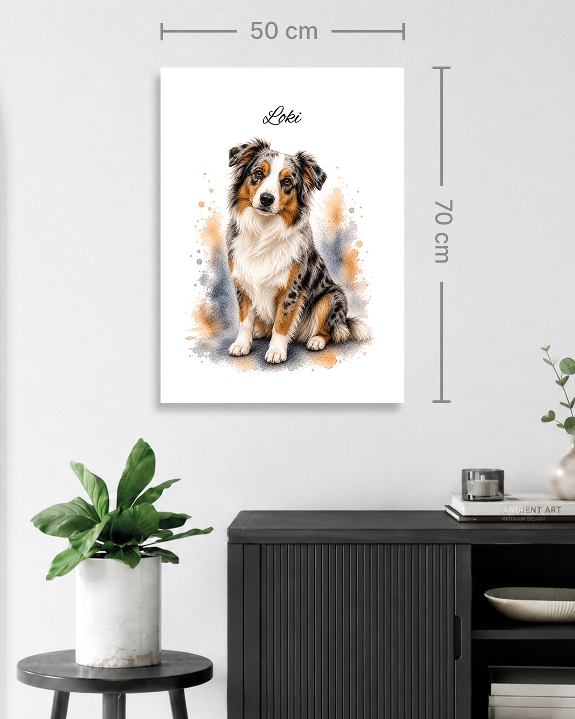 Australien Shepherd Hundeportrait im Aquarell-Stil auf einer 50 × 70 cm Leinwand