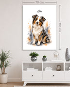 Australien Shepherd Hundeportrait im Aquarell-Stil auf einer 70 × 100 cm Leinwand