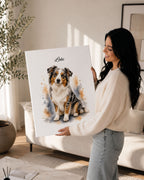 Australien Shepherd Hundeportrait im Aquarell-Stil echtes Mockup Wohnzimmer