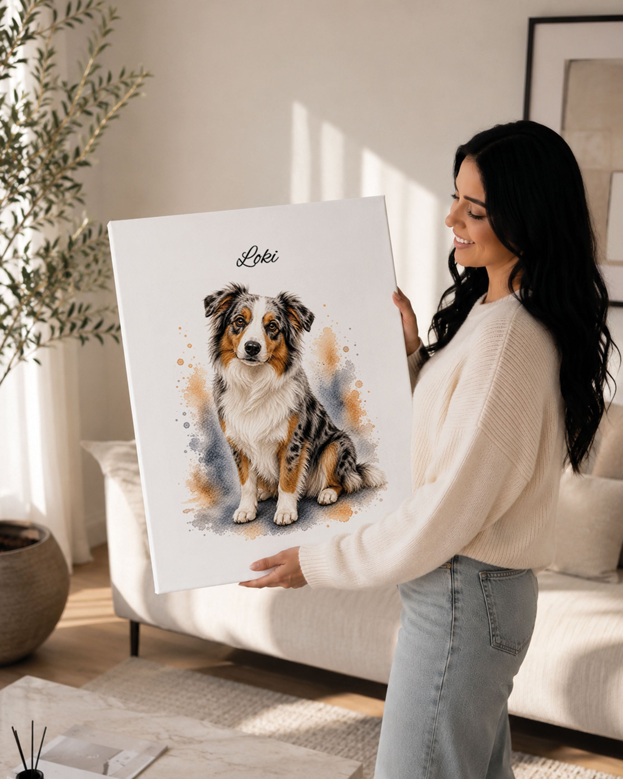 Australien Shepherd Hundeportrait im Aquarell-Stil echtes Mockup Wohnzimmer