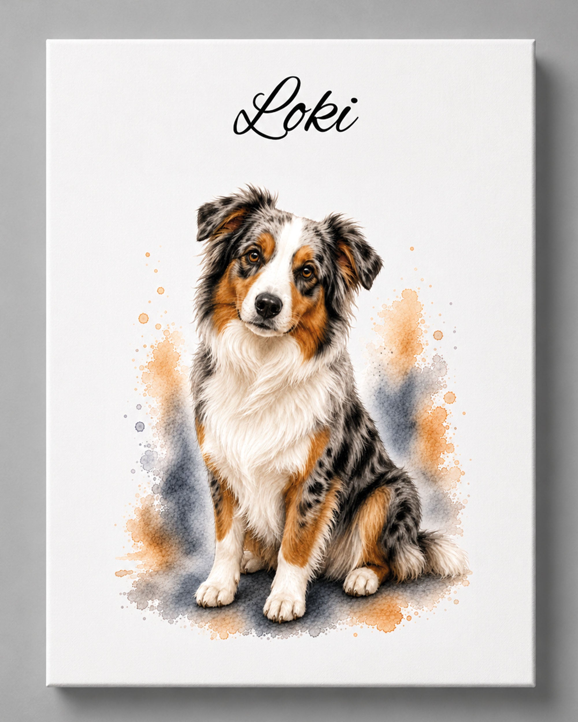 Australien Shepherd Hundeportrait im Aquarell-Stil auf einer Leinwand Frontansicht