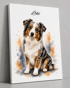 Australien Shepherd Hundeportrait im Aquarell-Stil auf einer Leinwand Schrägansicht