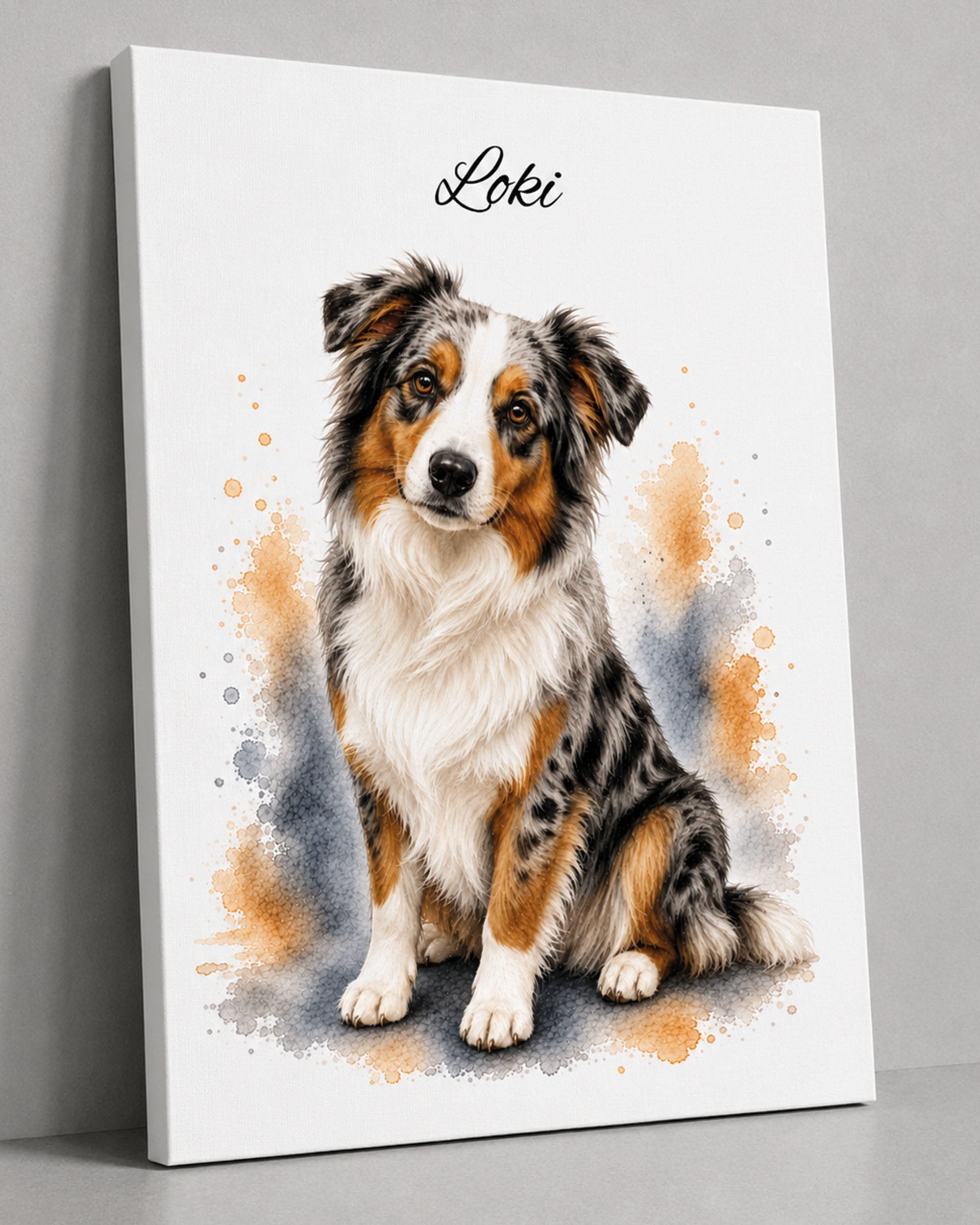 Australien Shepherd Hundeportrait im Aquarell-Stil auf einer Leinwand Schrägansicht