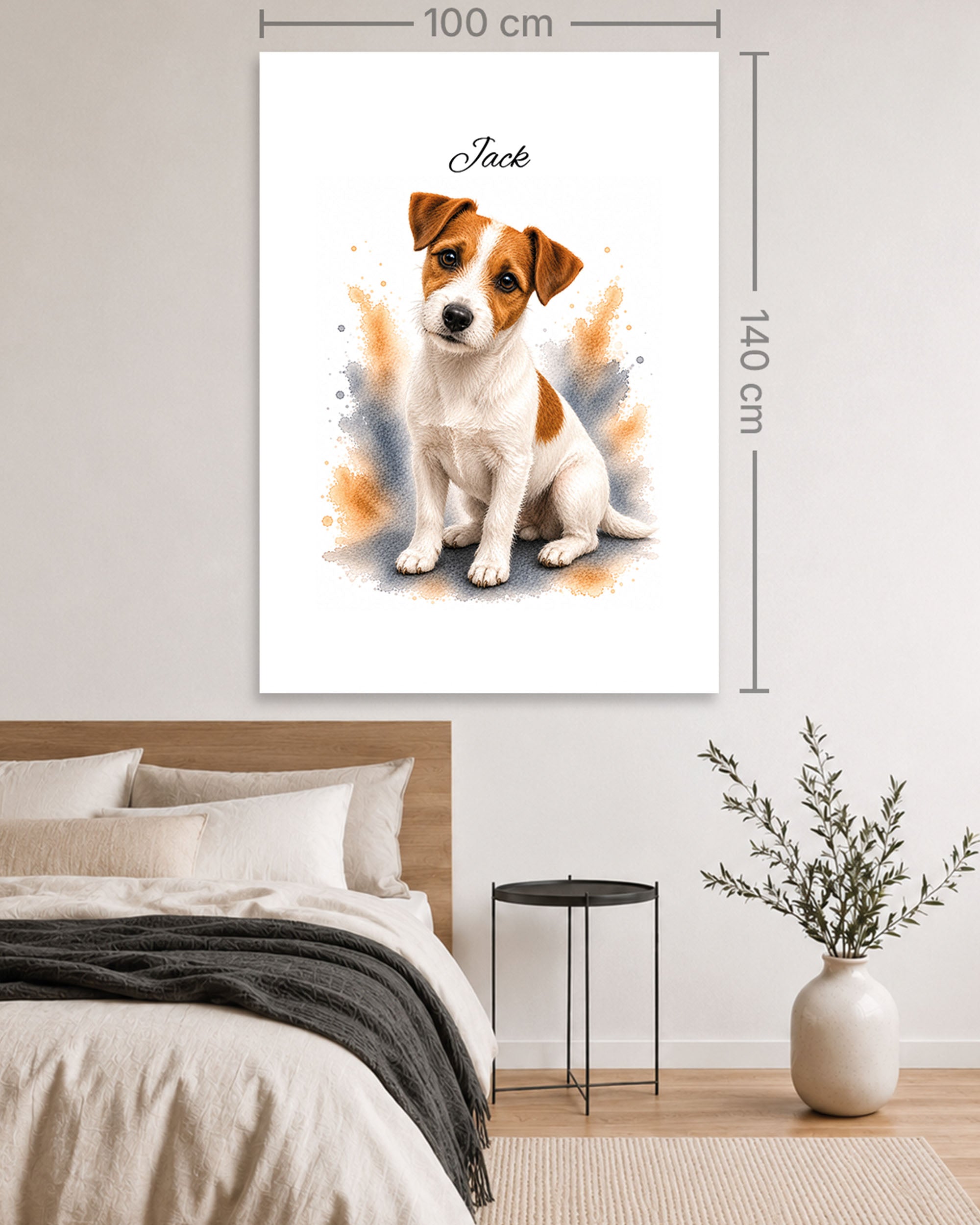 Jack Russell Terrier Hundeportrait im Aquarell-Stil auf einer 100 × 140 cm Leinwand