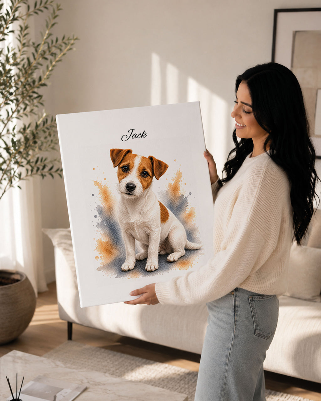 Jack Russell Terrier Hundeportrait im Aquarell-Stil echtes Mockup Wohnzimmer