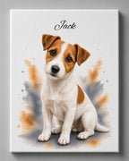 Jack Russell Terrier Hundeportrait im Aquarell-Stil auf einer Leiwnand Frontansicht